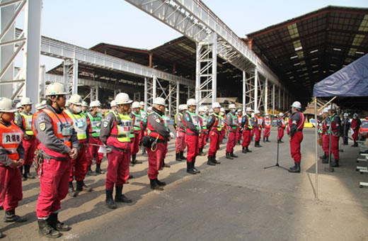 常石造船 常石工場で福山西消防署協力のもと、地震などの有事に備え防災訓練を実施